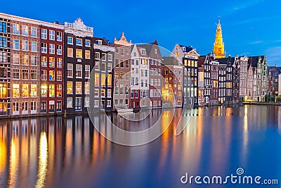 Night Amsterdam typical houses, Netherlands Stock Photo