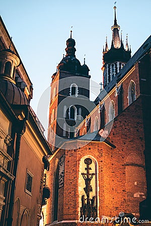 Night Architecture. travel and tourism concept, Poland Bazylika Mariacka. Krakow, Poland. vertical photo Stock Photo