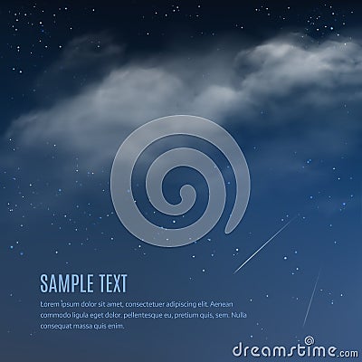 Night background, clouds and shining stars on dark blue sky. Vector illustration of night sky Vector Illustration