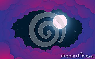 Night background, Moon, Clouds and shining Stars on dark blue sky. Vector Illustration