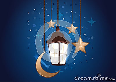 Night background with moon, stars and lantern Vector Illustration