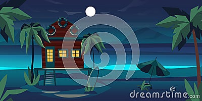 Night beach bungalows. Tropical island resort with swimming lagoon. Summer vacation house with beach and palm trees Vector Illustration