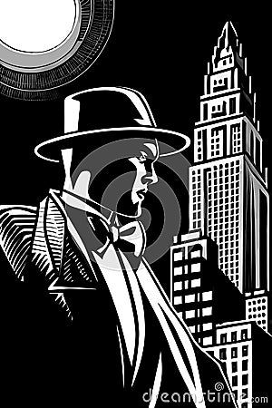 Night Boss Of The City - Strong man with hat and coat and moonlit city Cartoon Illustration