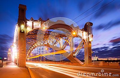 Night bridge and car tracers in Saint Petersburg Stock Photo