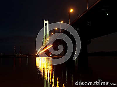 Night bridge on Dnieper river in Kiev, Ukraine Stock Photo