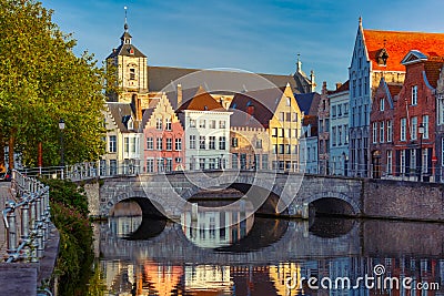 Night Bruges canal and bridge, Belgium Stock Photo