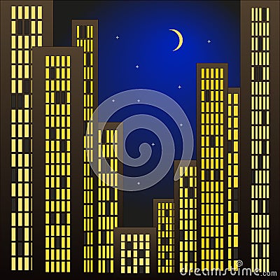 Night business quarter with skyscrapers with a sky and moon Vector Illustration