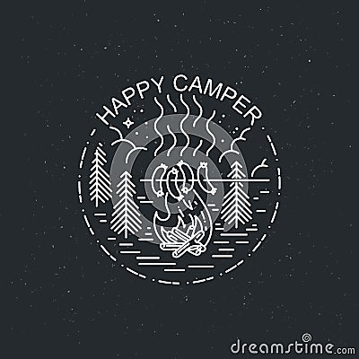 Night camp with fire and barbecue. Nature exploration vector vintage poster Vector Illustration