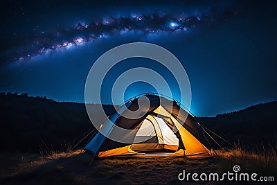 Night camp tent in a starry sky background Stock Photo