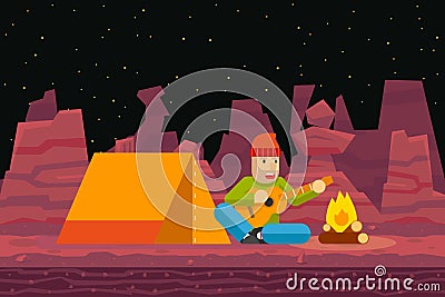 Night Camp Tent Traveler Sings and plays Guitar Vector Illustration