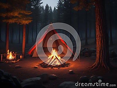 Night camp with tents campfire and tourist camping stuff at river coast and rocks Stock Photo