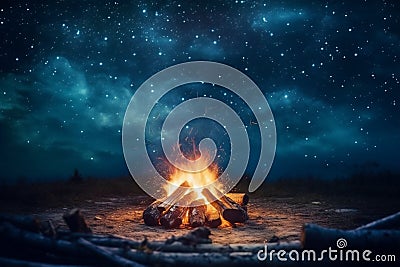 Night camping in the mountains, bonfire and night sky generative AI Stock Photo