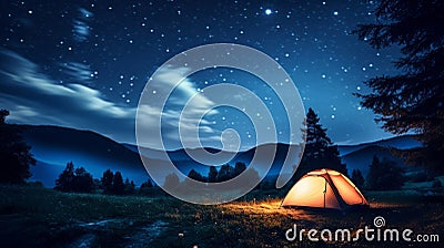 night camping under a starry sky with a glowing tent and mountains.outdoor adventure Stock Photo