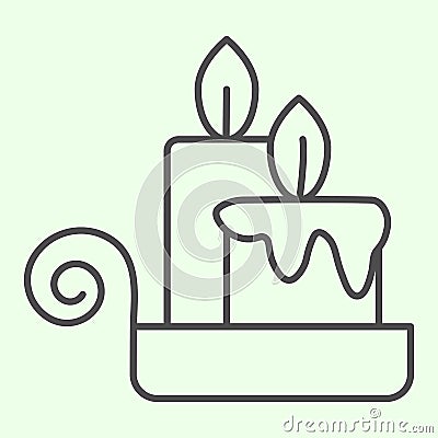 Night candle thin line icon. Two Burning Candles on candlestick outline style pictogram on white background. Halloween Vector Illustration