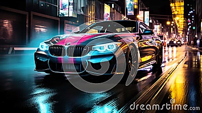 Night car driving downtown colorful on city streets , like colorful flashes, flash light , Generate AI Stock Photo