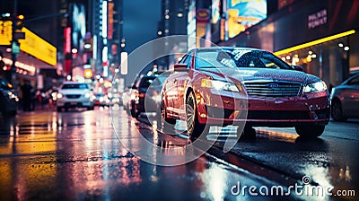 Night car driving downtown colorful on city streets , like colorful flashes, flash light , Generate AI Stock Photo