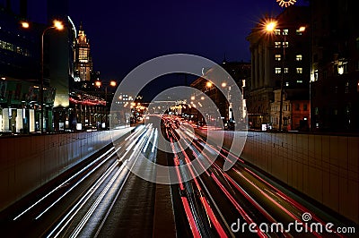 Night car traffic in the center of Moscow Stock Photo