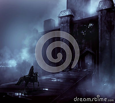 Fantasy horror night castle artwork. Stock Photo