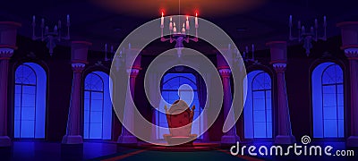 Night castle palace hall with throne and spotlight Vector Illustration