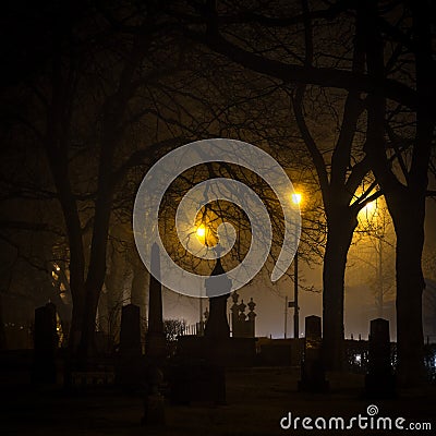 Foggy night, cementary area by the Nidarosdomen cathedral in Trondheim town Stock Photo