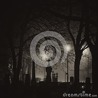 Foggy night, cementary area by the Nidarosdomen cathedral in Trondheim town Stock Photo