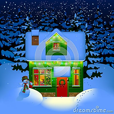 Night Christmas house Vector Illustration