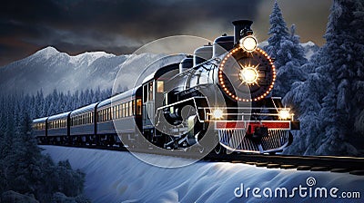 Night of Christmas Journey: Stars, Polar Glow, and a Train Stock Photo