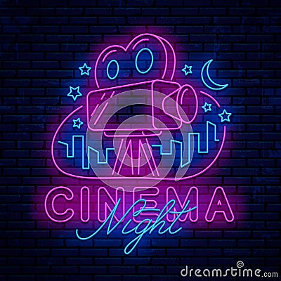 Night cinema. Bright neon sign. Vector Illustration