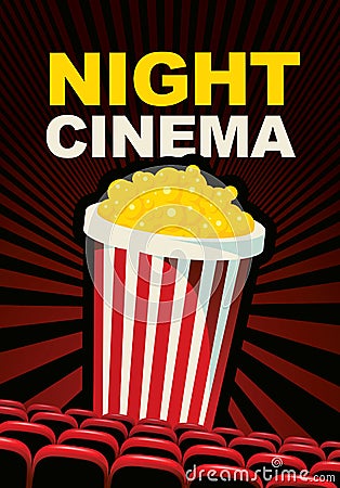 Night cinema poster with a large popcorn bucket Vector Illustration