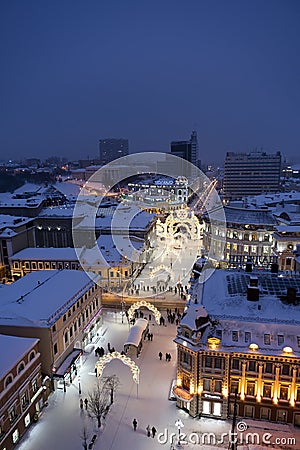 Night city, aerial view, Kazan. Snowy winter city. New Year street decorations Editorial Stock Photo