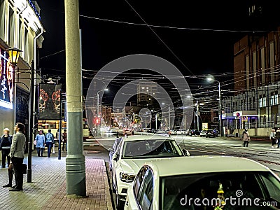 bright night lights in the city center, Chelyabinsk, South Urals Editorial Stock Photo