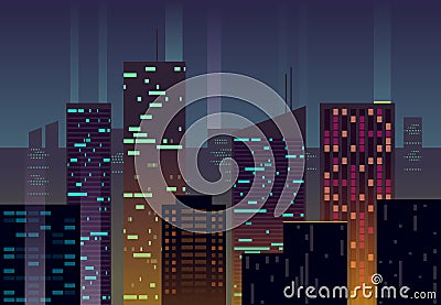 Night city, buildings with glowing windows at dusk vector urban background Vector Illustration