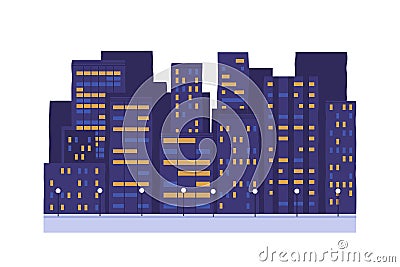 Night city buildings vector illustration. Town street lighting. Multi-storey houses with shining windows isolated on Vector Illustration