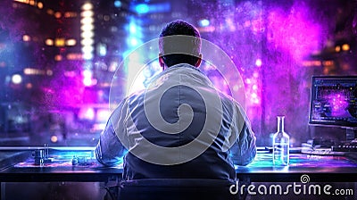 Night City Coder A lone figure futuristic city neon lights coding technological innovation Symbolizes progress solitude Stock Photo