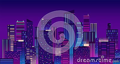 Night city. Colorful new york urban background. Modern cityscape panorama vector illustration Vector Illustration