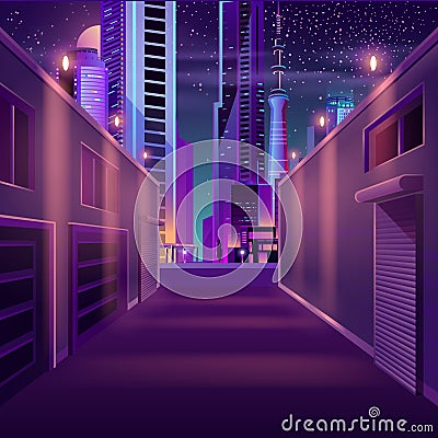 Night city empty side street cartoon vector Vector Illustration