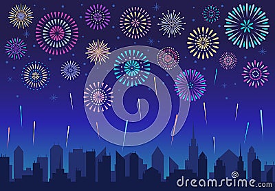 Night city fireworks. Holiday celebration firework, celebrated festive firecracker over town silhouette vector Vector Illustration