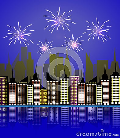 Night city fireworks. Holiday feast celebration firework, celebrated festive firecracker over town new year, carnival or Stock Photo