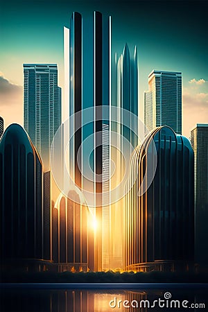 Night City of the Future. Night Panorama of the City, the Lights of a Large Metropolis, High-rise Buildings. AI Stock Photo