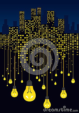 Night city and glowing light bulbs hanging on wires. Energy saving concept Vector Illustration