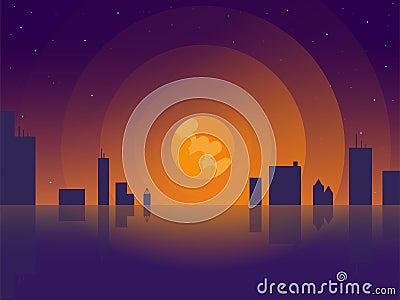Night city landscape with moon and star. Stock Photo