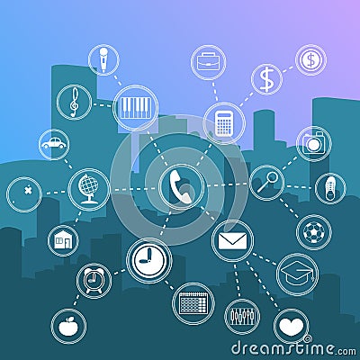 Night city landscape vector illustration with high tech icons in flat style. Vector Illustration