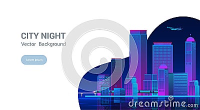 Night city panorama. Wide highway side view. Vector Illustration