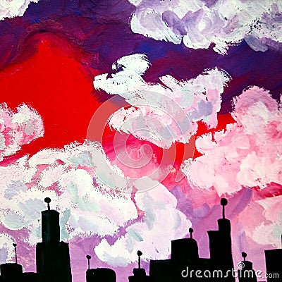 Night city, purple and red sky, gouache Stock Photo