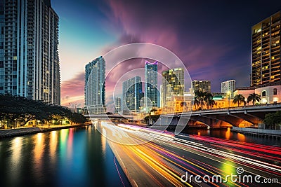 Night city reflected in river, illuminated skyscrapers., generative IA Stock Photo