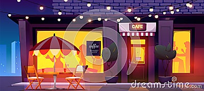 Night city street bar building with garland vector Vector Illustration