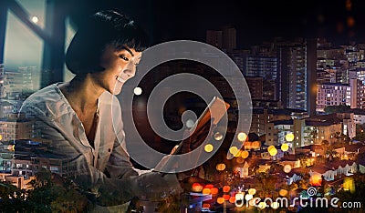 Night, city and tablet of woman by window for global networking, stock market review and data analytics. Bokeh lights Stock Photo