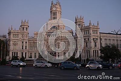 Night city traffic at Plaza de la Cibeles, Cybele`s Square Editorial Stock Photo