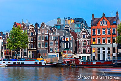 Night city view of Amsterdam canal with dutch houses Stock Photo