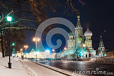 Night city view of the St. Vasiliya Blazhennogo on Red Square Stock Photo